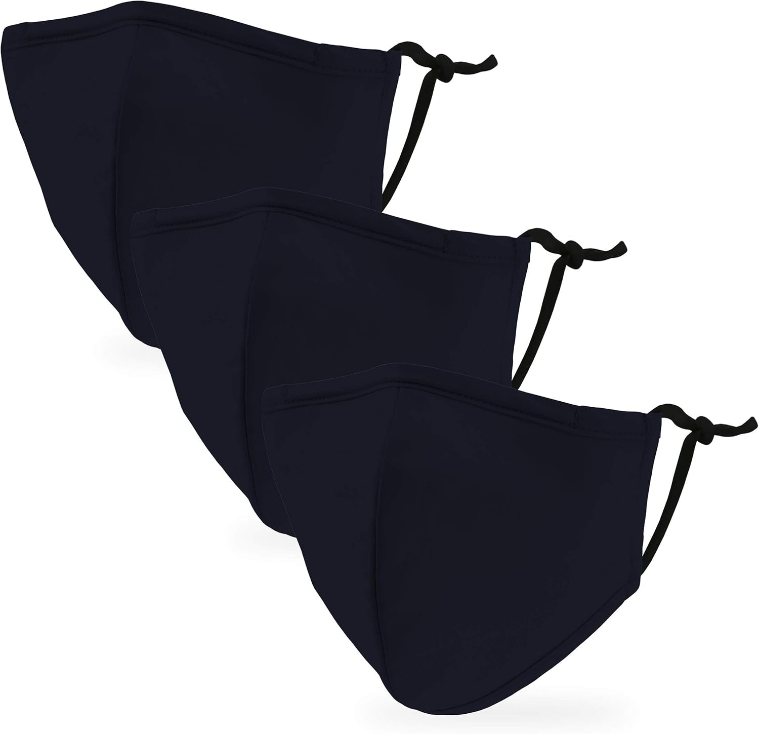 Three black face masks with ear loops on a white background

