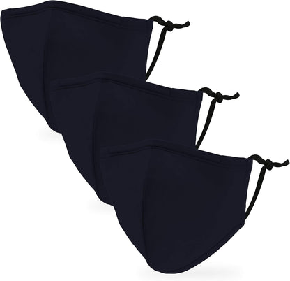 Three black face masks with ear loops on a white background

