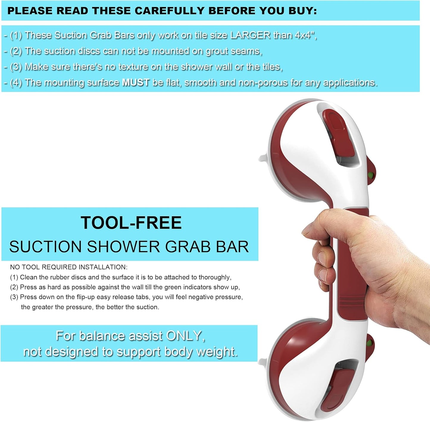 Red and white suction shower grab bar held by a hand with product instructions on a white background.