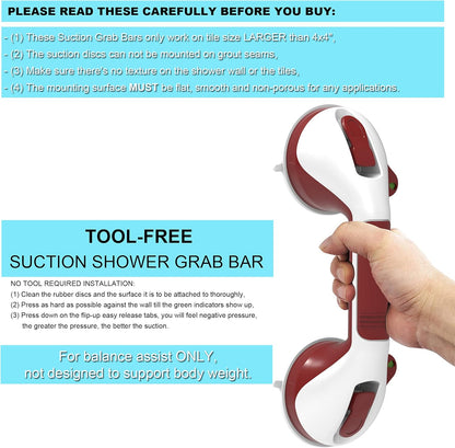 Red and white suction shower grab bar held by a hand with product instructions on a white background.