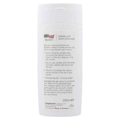 Sebamed Derma-Soft Wash Emulsion container with label on a white background


