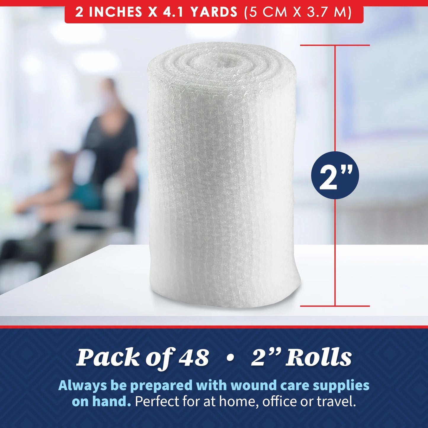 Roll of medical tape with dimensions and packaging details on a blurred background