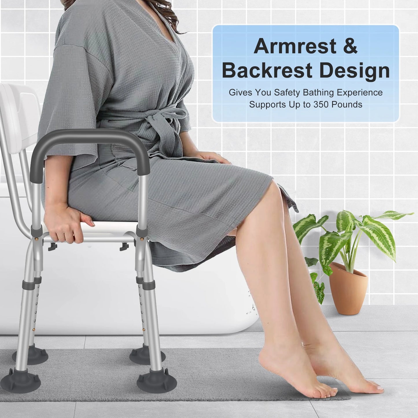 Person sitting on a bathroom chair with armrest and backrest design, wearing a gray robe.


