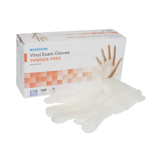 Box of McKesson XL vinyl exam gloves. Latex-free, powder-free, 100-count for medical, hygiene, and caregiver use.