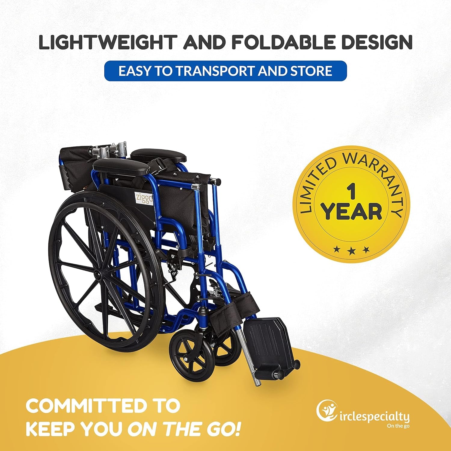 Wheelchair with promotional text about lightweight design, ease of transport, storage, and a one-year warranty on a white background.
