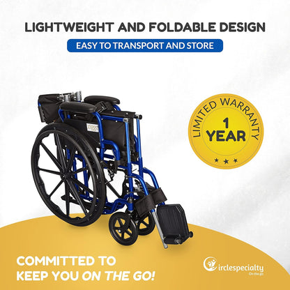 Wheelchair with promotional text about lightweight design, ease of transport, storage, and a one-year warranty on a white background.