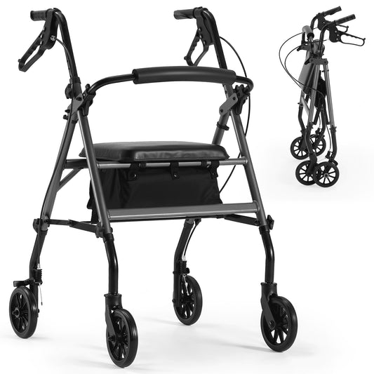 Black rollator walker with wheels folded on a white background