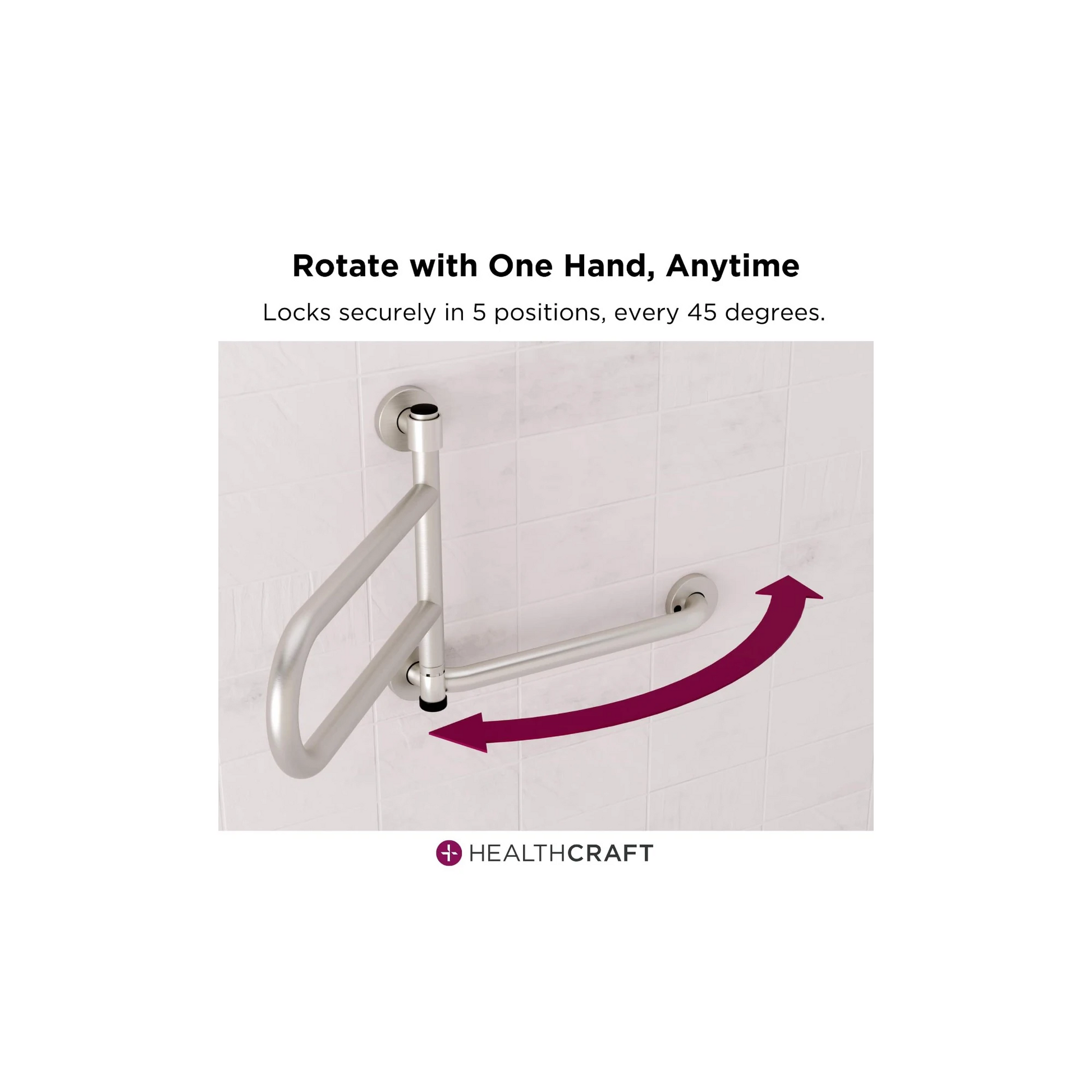 Wall-mounted grab bar with text indicating it can be rotated with one hand and is available from Healthcraft.