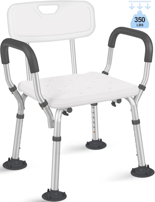 White shower chair with armrests and footrest on a white background

