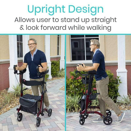 Man using a walker with an upright design feature outdoors.