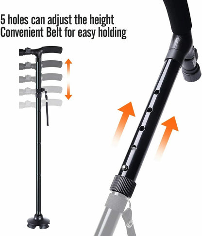 Adjustable walking stick with height adjustment holes and belt for easy holding on a white background.

