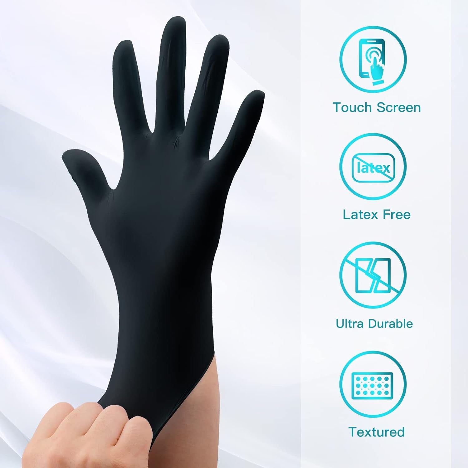 Hands wearing GMG black nitrile gloves. Ideal for medical exams, food prep, and cleaning tasks.