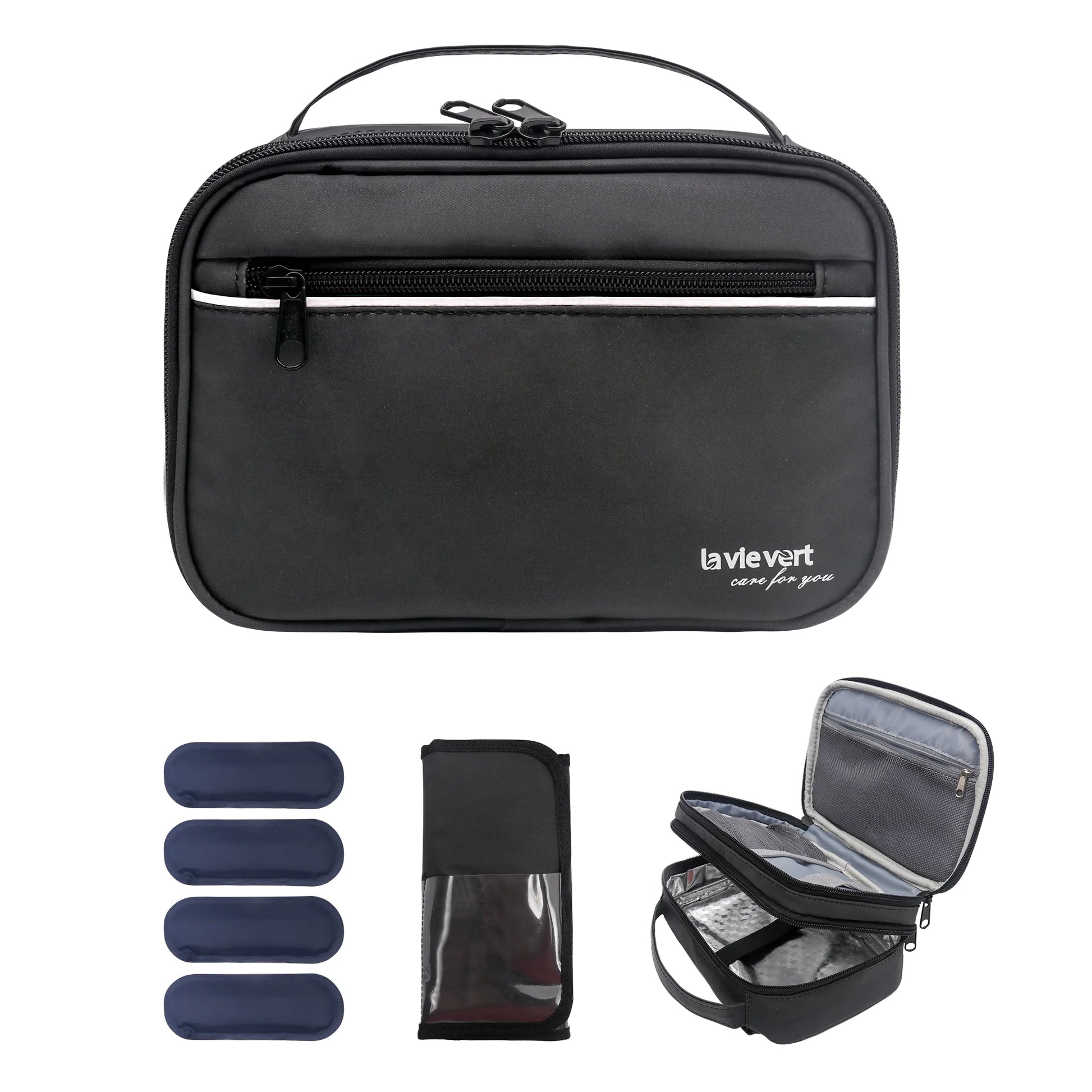 Diabetes Travel Carry Bag Insulin Cooler Case Diabetic Medication Cooler Diabetic Care Organizer with a Shoulder Strap and 4 Ice Packs - Black