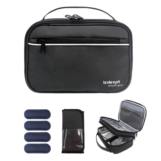 Diabetes Travel Carry Bag Insulin Cooler Case Diabetic Medication Cooler Diabetic Care Organizer with a Shoulder Strap and 4 Ice Packs - Black