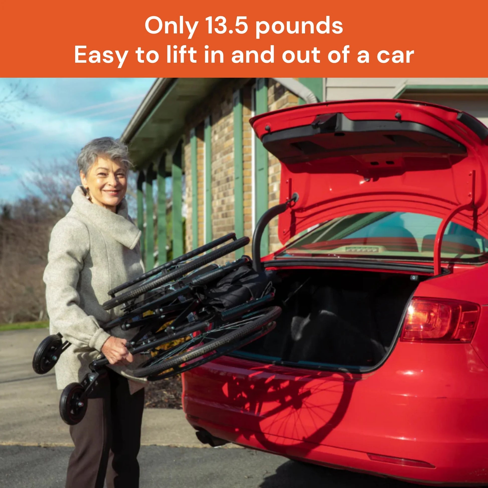 Woman loading a folded bike into a red car trunk with text about weight and ease of use.