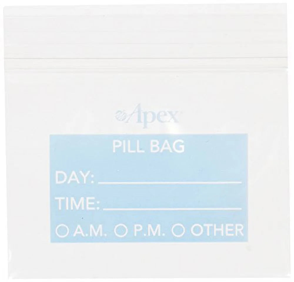Pill bag with labels for day, time, and remarks on a white background

