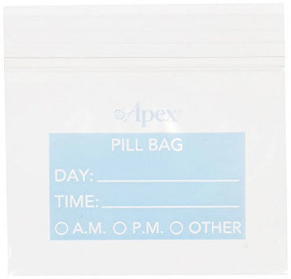 Pill bag with labels for day, time, and remarks on a white background

