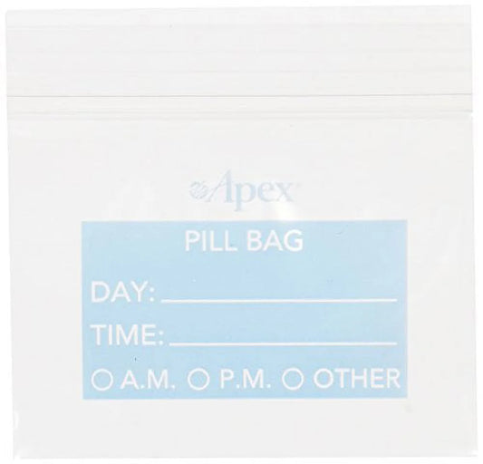 Pill bag with labels for day, time, and remarks on a white background

