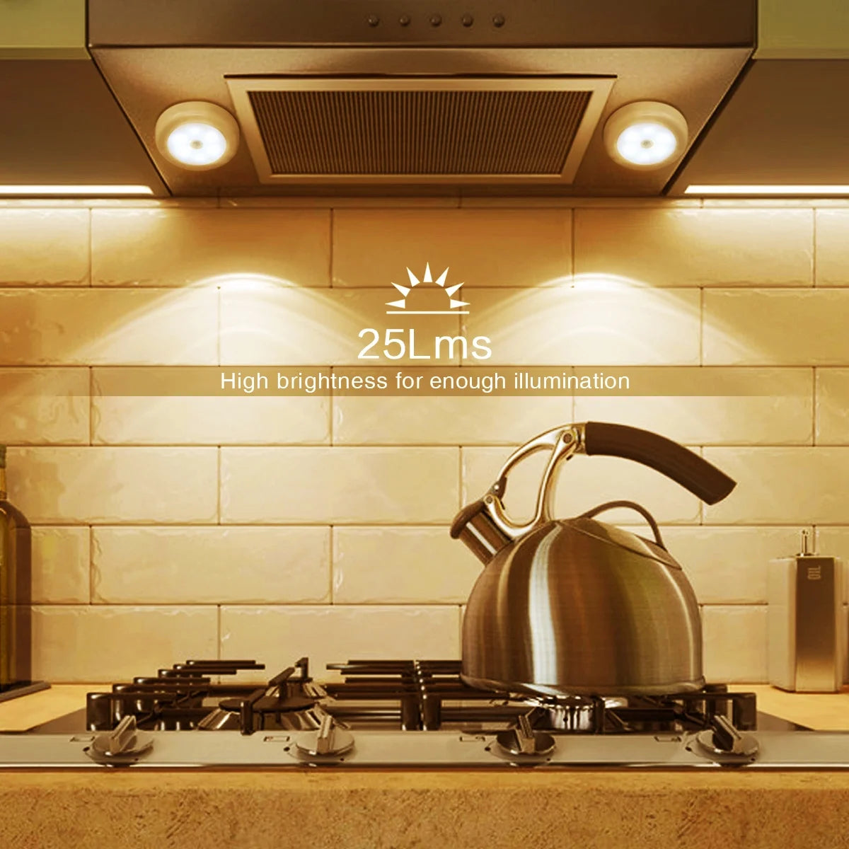 Stainless steel kettle on a gas stove with kitchen lighting system labeled '25Lms' for illumination.

