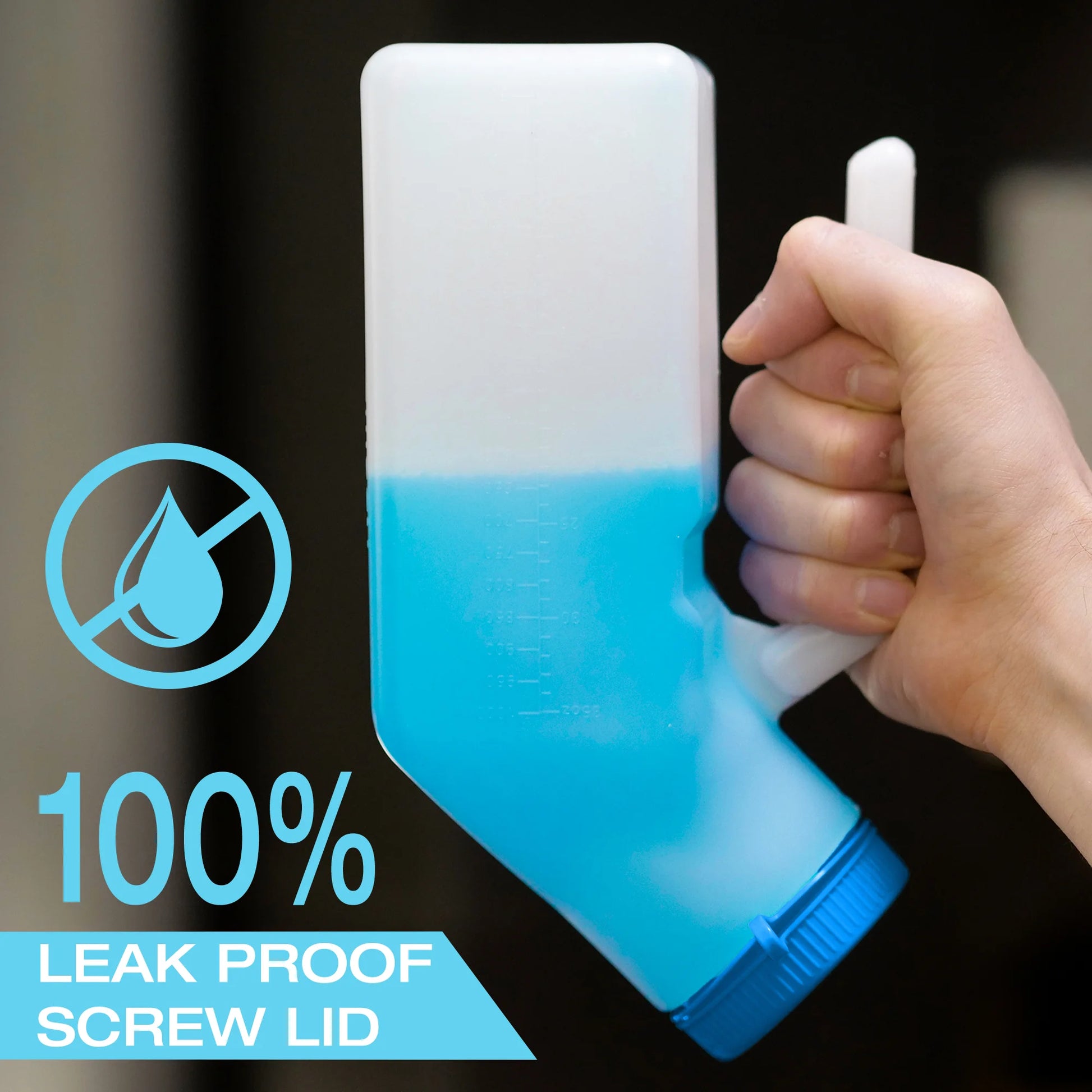 Hand holding a blue container with a white lid, featuring a leak-proof screw lid icon and text.

