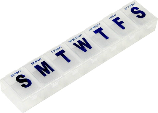 Weekly pill organizer with days of the week labels on a white background


