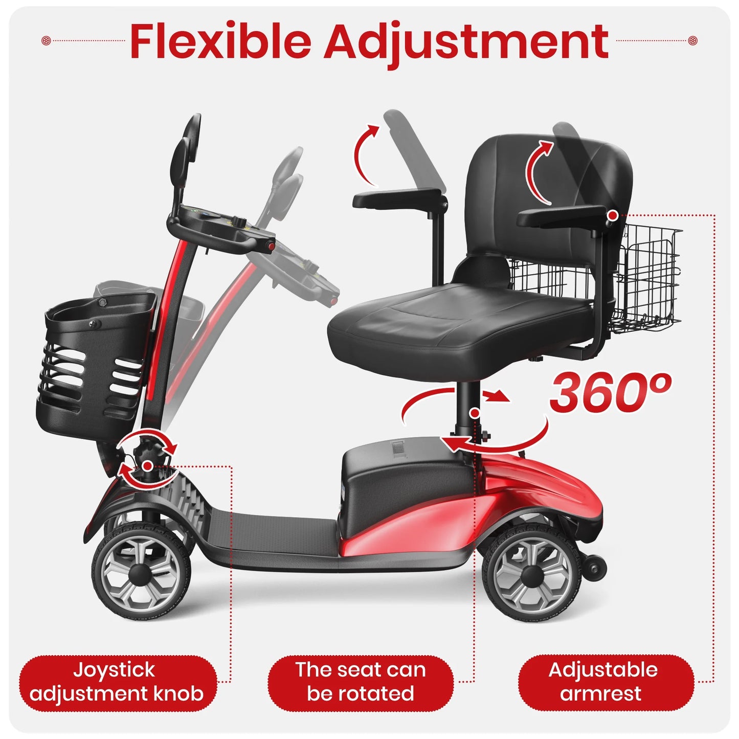 Red and black mobility scooter with adjustable features on a white background