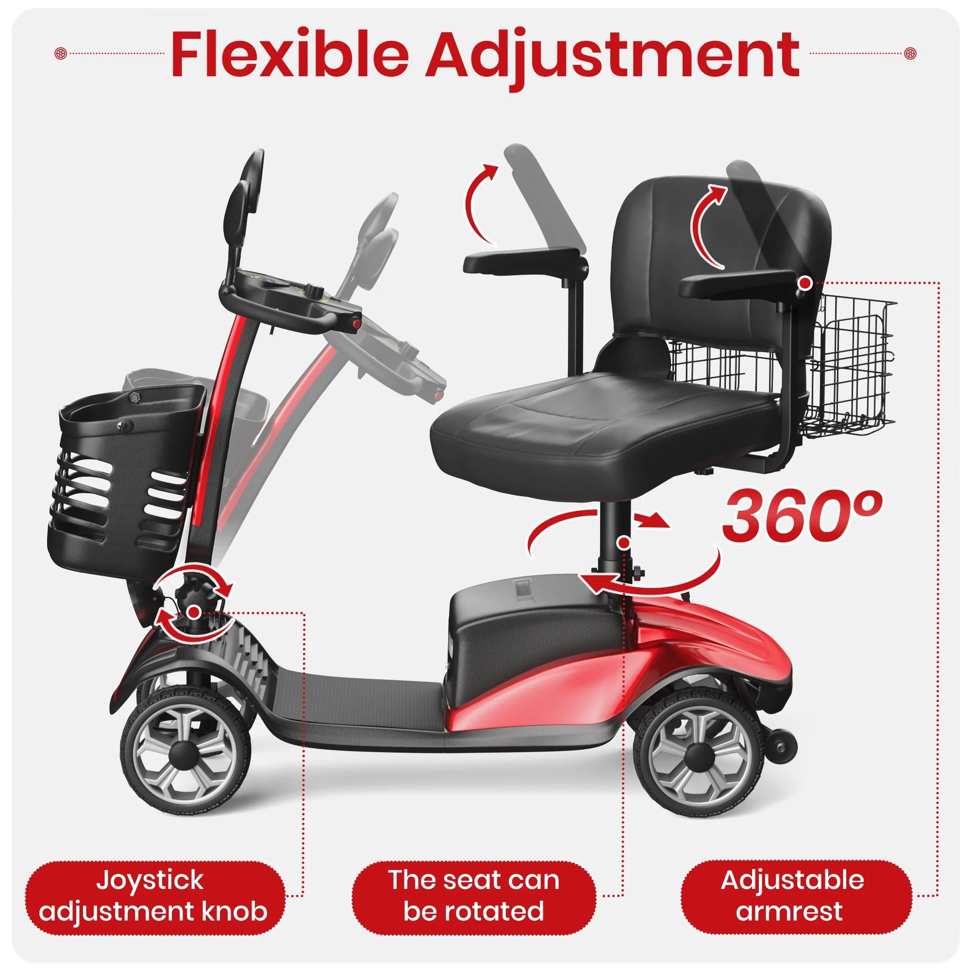 Red and black mobility scooter with adjustable features on a white background