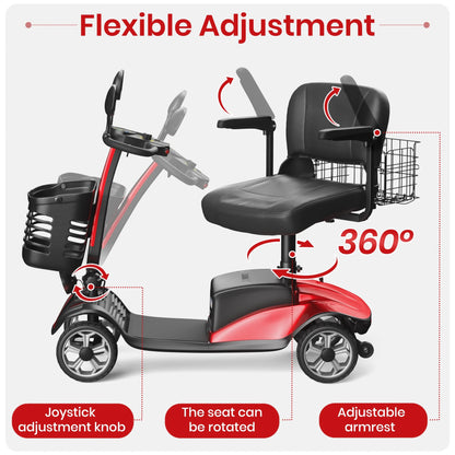 Red and black mobility scooter with adjustable features on a white background