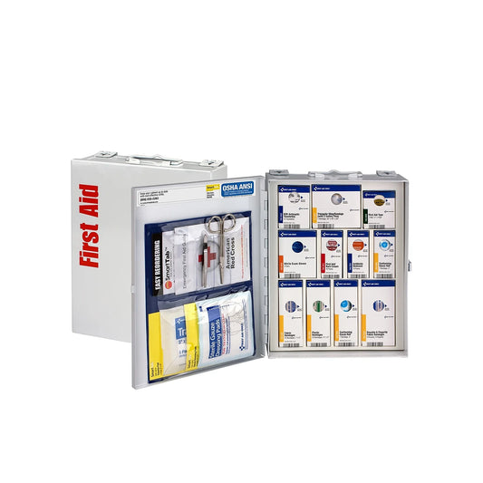First aid kit with open door showing contents on a white background

