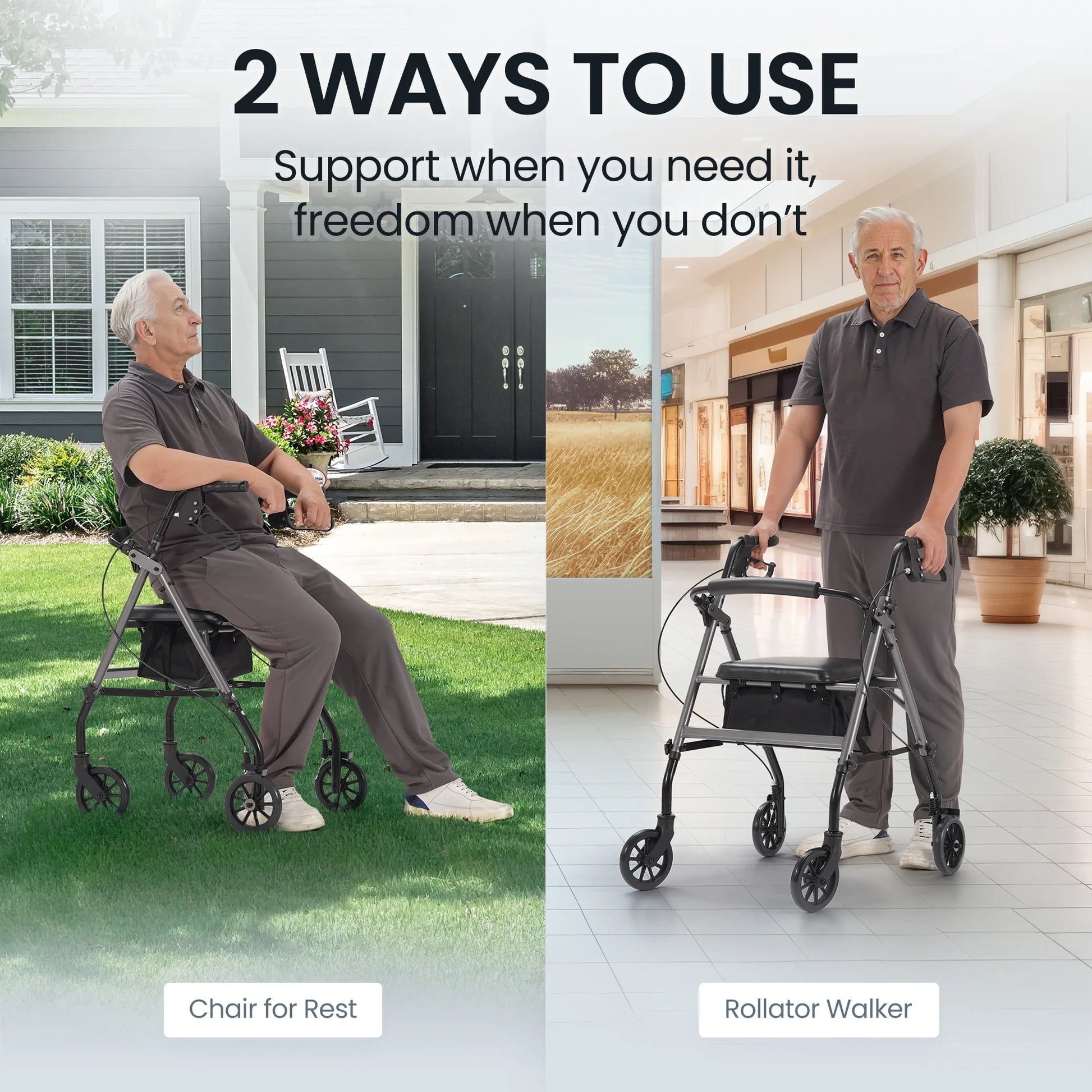 Two images showing a man using a rollator walker outdoors and indoors with text about its uses.