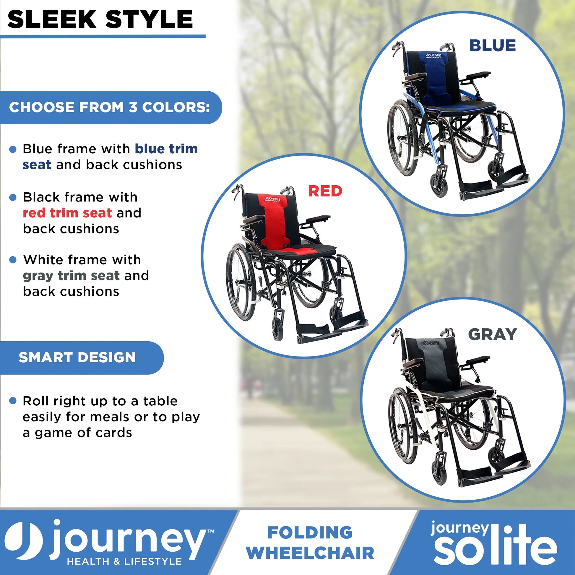 Folding wheelchair with color options and features on a blurred outdoor background