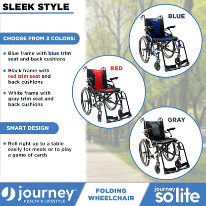 Folding wheelchair with color options and features on a blurred outdoor background
