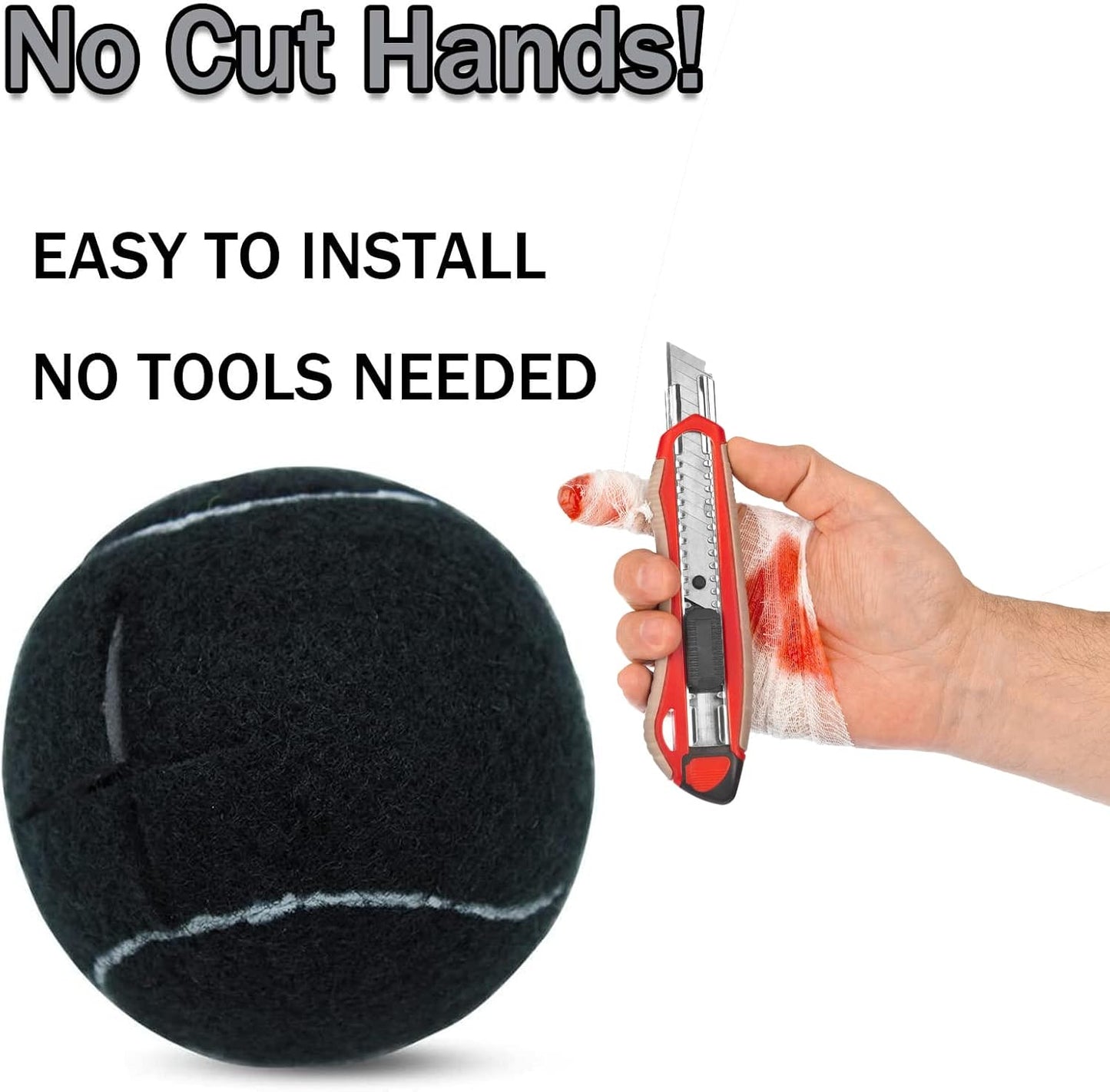 Black tennis ball with a hand holding a knife and bloodstain, text 'No Cut Hands! Easy to install, no tools needed'.