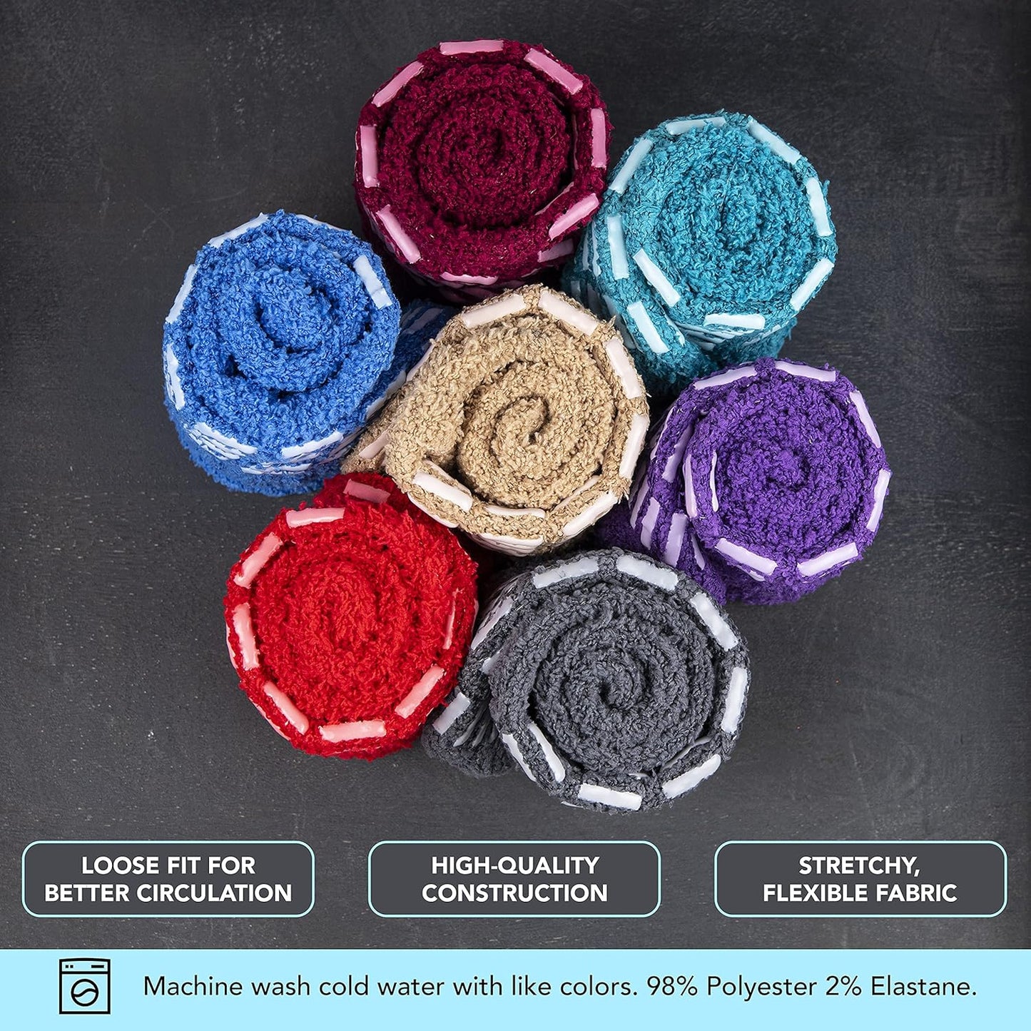 Colorful fabric rolls arranged on a dark background with text about fabric properties.