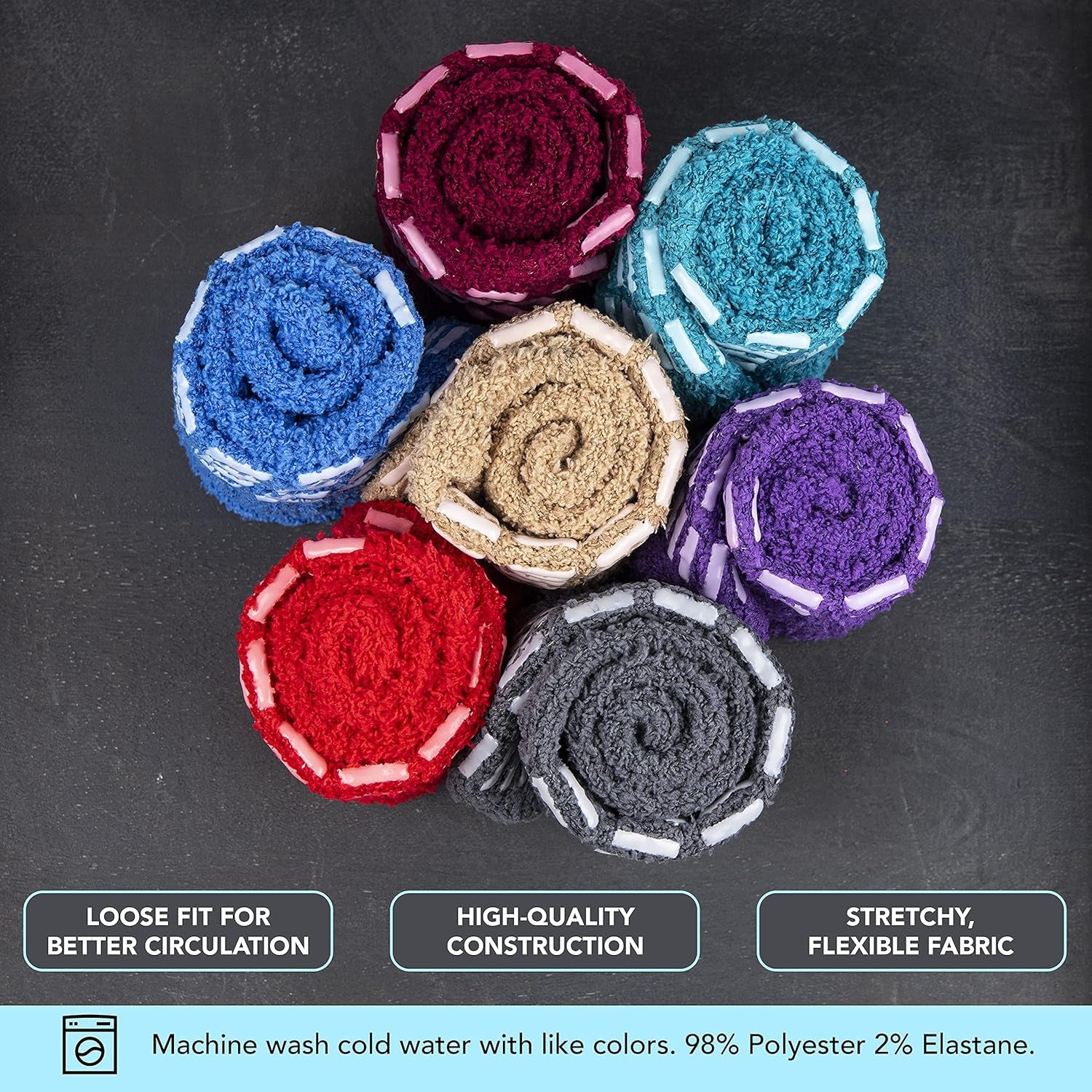Colorful fabric rolls arranged on a dark background with text about fabric properties.