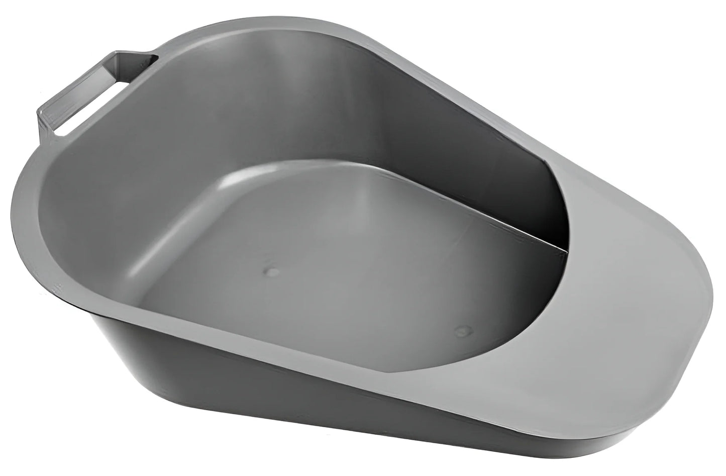 Gray plastic bedpan with a handle on a white background

