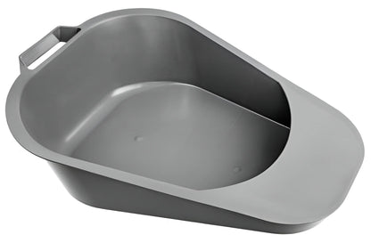 Gray plastic bedpan with a handle on a white background

