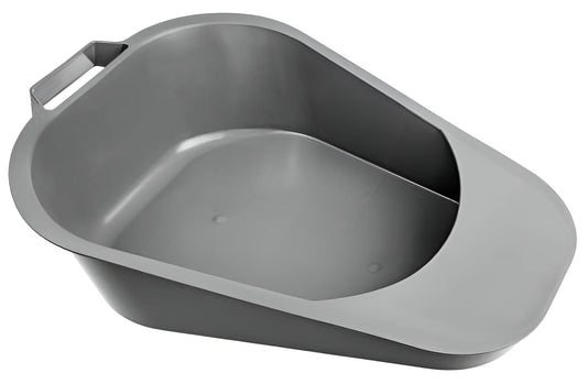 Gray plastic bedpan with a handle on a white background

