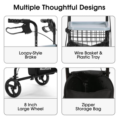 MaxKare walker with features highlighted including loopy-style brake, wire basket & plastic tray, 8-inch large wheel, and zipper storage bag.