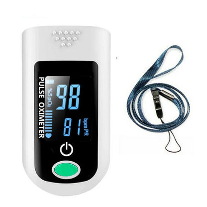 Pulse oximeter with a lanyard on a white background

