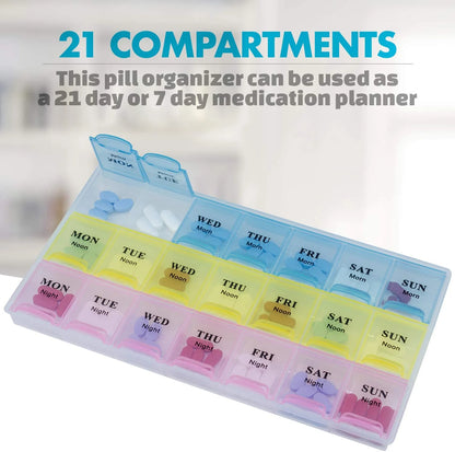 Multicolored pill organizer with compartments labeled for each day of the week, used as a medication planner.

