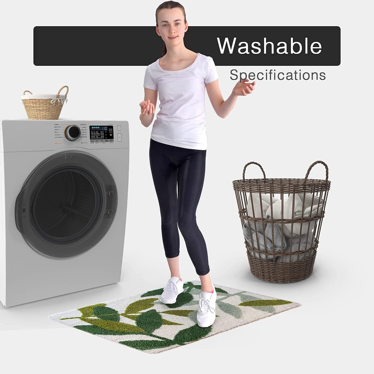 Woman standing next to a washing machine and a rug with text indicating washable specifications.

