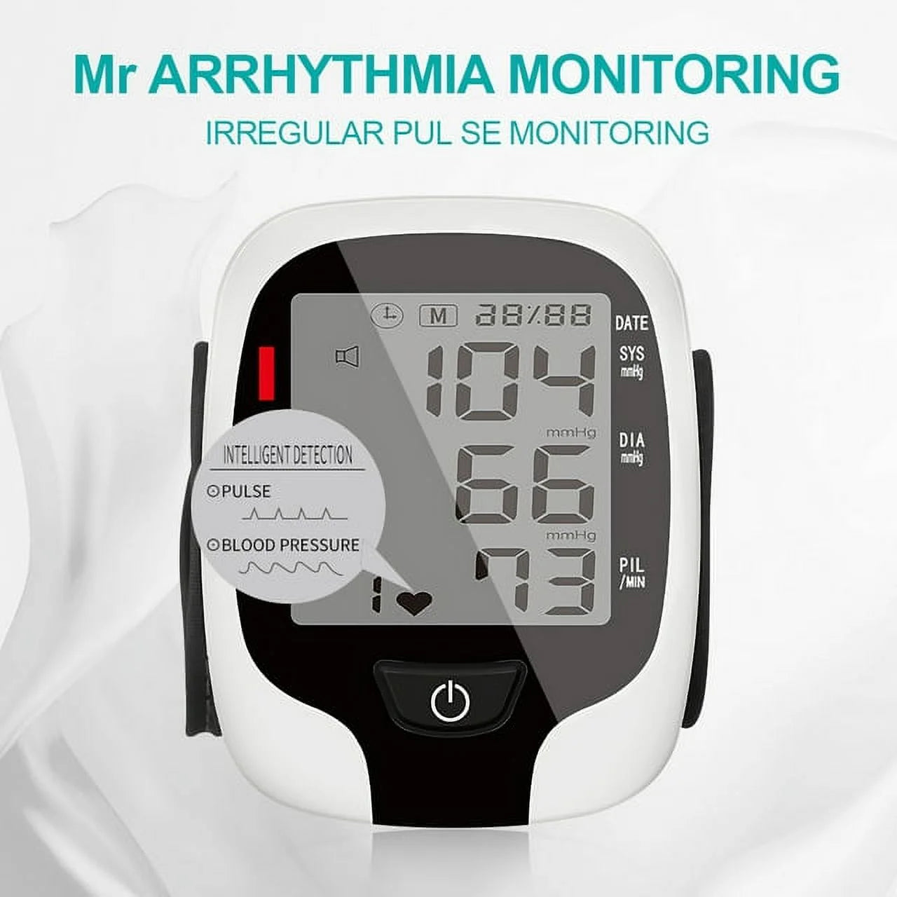 Digital blood pressure monitor with digital display on a white background

