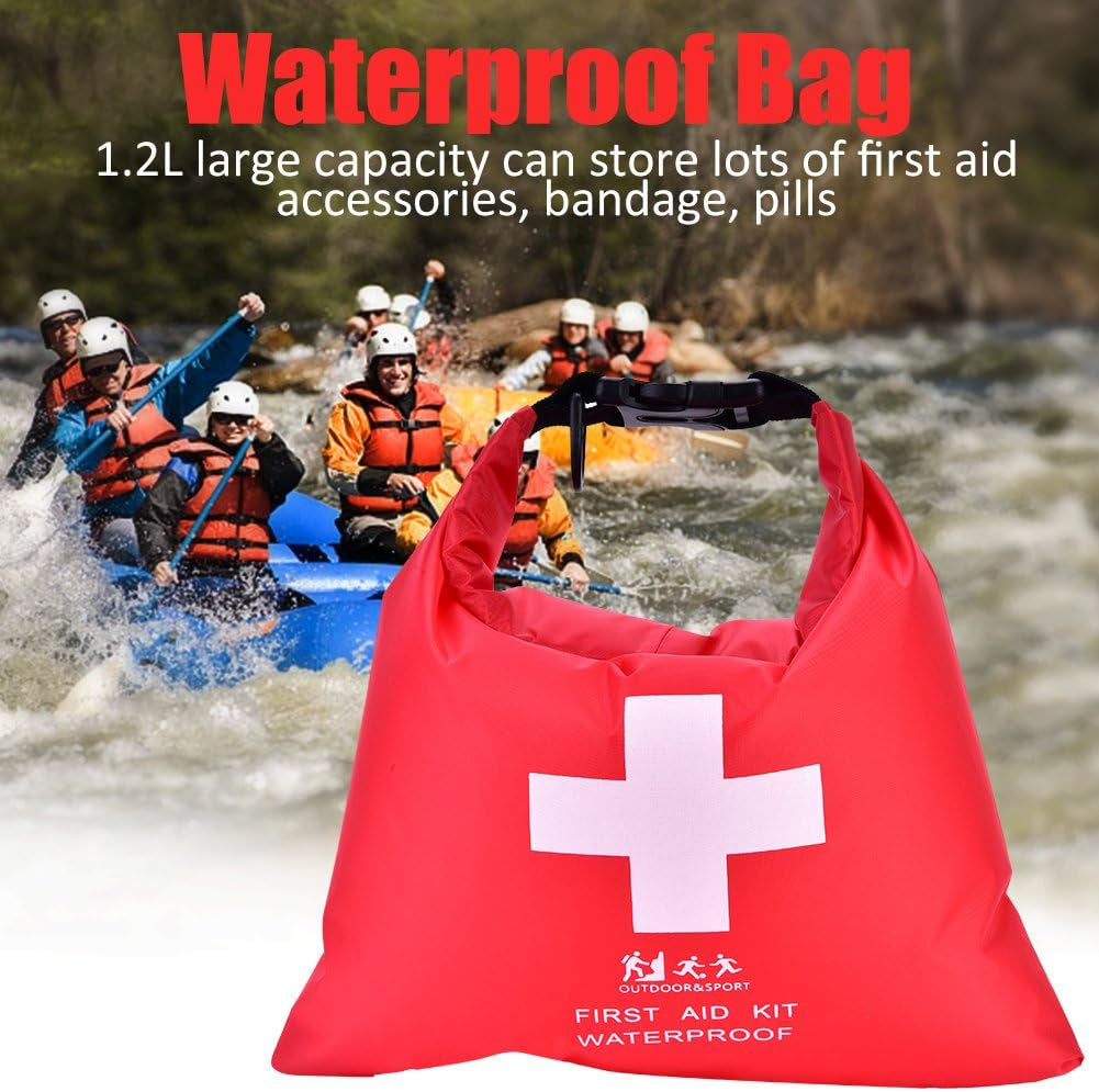 Red first aid kit bag with a white cross on a background of people rafting.

