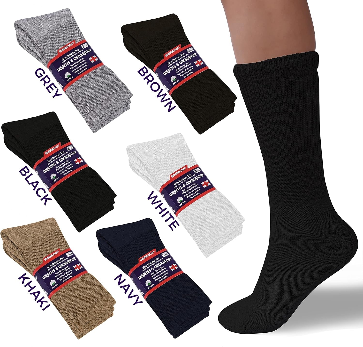 Set of black socks with packaging labels on a white background