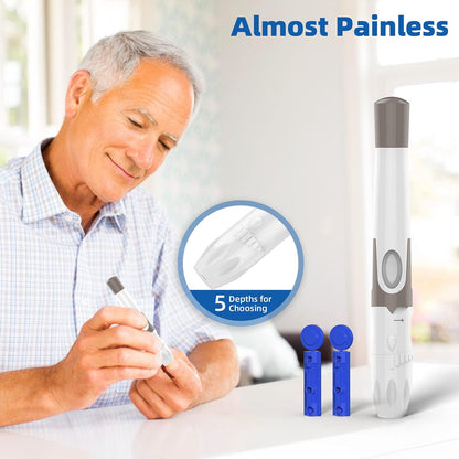 Man using a medical device with text 'Almost Painless' and '5 Depths for Choosing'.