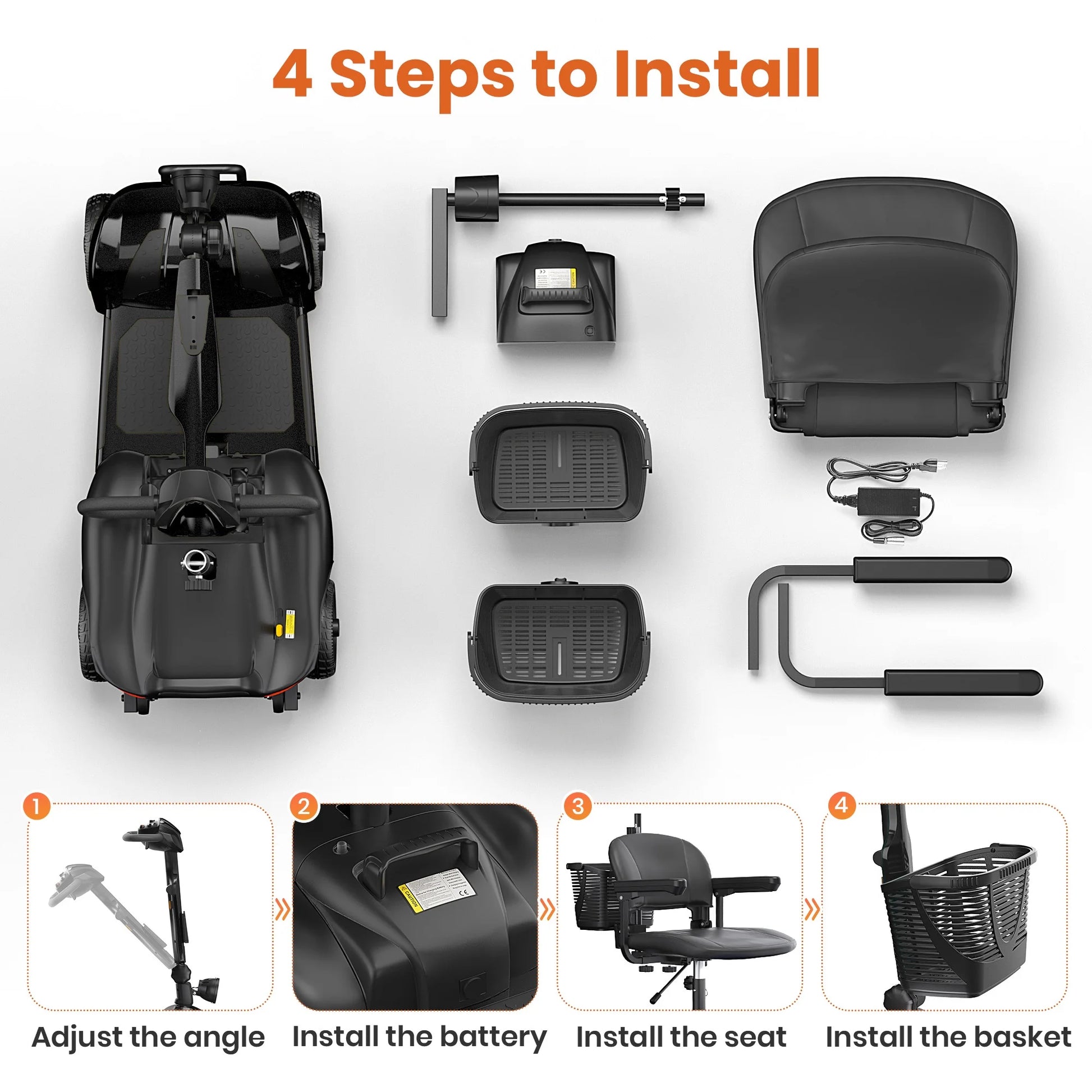 Car seat installation kit with components and step-by-step instructions on a white background