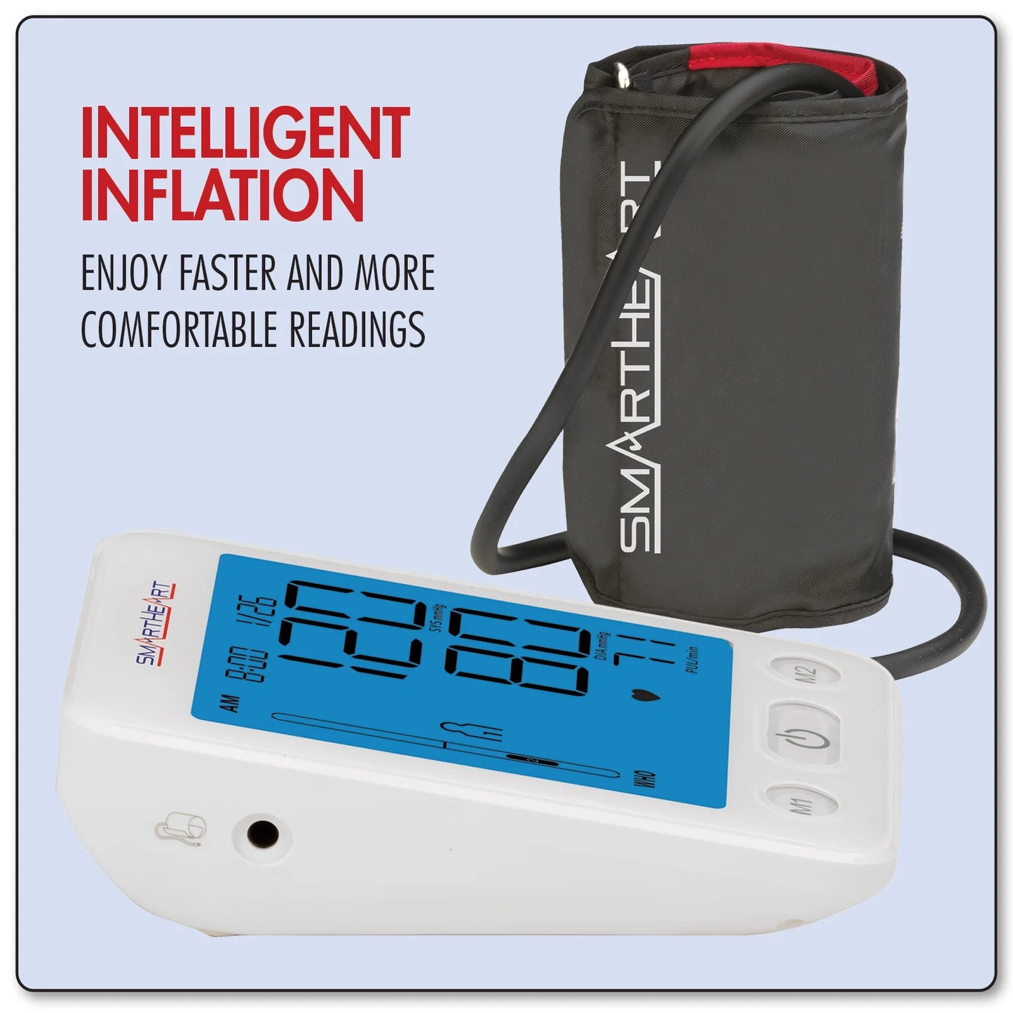 Blood pressure monitor with digital display and pump on a light blue background