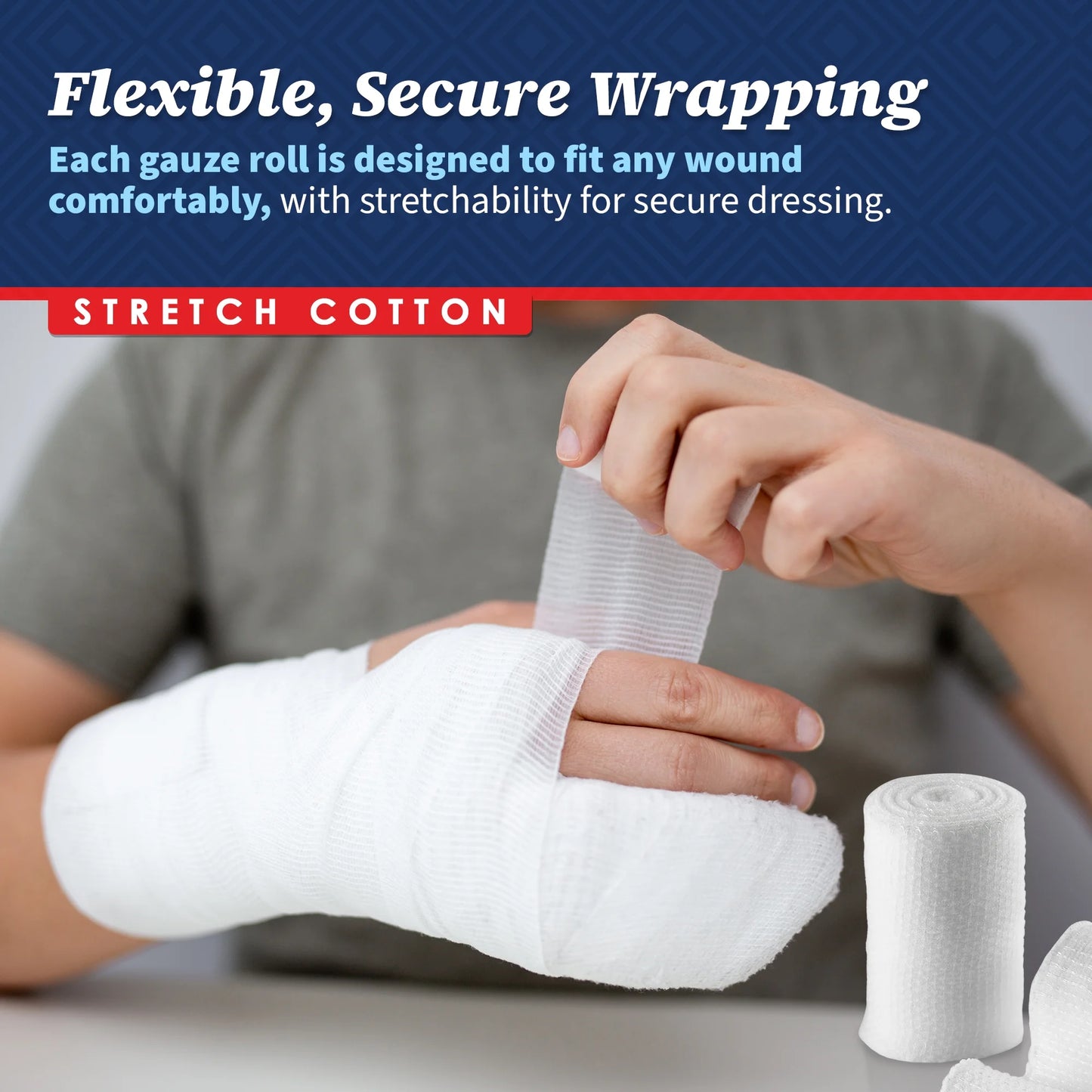Person applying gauze bandage to a wound with text about flexible and secure wrapping.