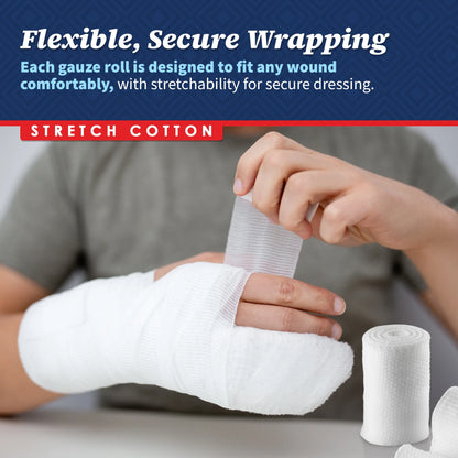 Person applying gauze bandage to a wound with text about flexible and secure wrapping.